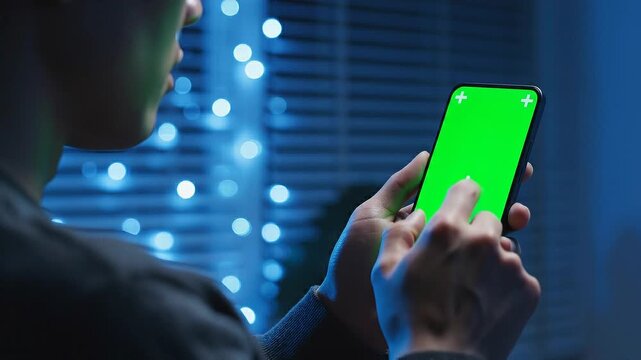 Close up of a man's hands holding a smartphone with a green screen display and actively swiping pinching zooming the mock up template