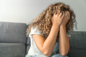 Naklejka premium Young woman with curly hair hiding her face in her hands on a sofa
