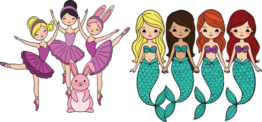 Cute ballerina girls and mermaid characters set with bunny, cartoon fantasy kids illustration collection for children design vector © Sumon Creative