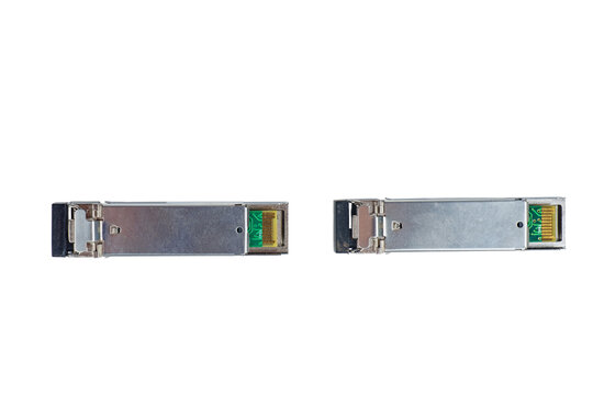 SFP modules for network switch isolated on a white background