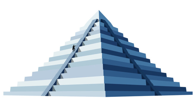 Man Climbing staircases on a large pyramid structure representing organizational hierarchy and career growth Showing Hard Work Versus Easy Path Vector Illustration
