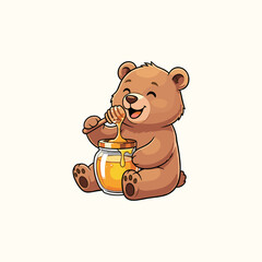 Happy bear cub with honey pot icon logo flat vector design © kmhbDOes