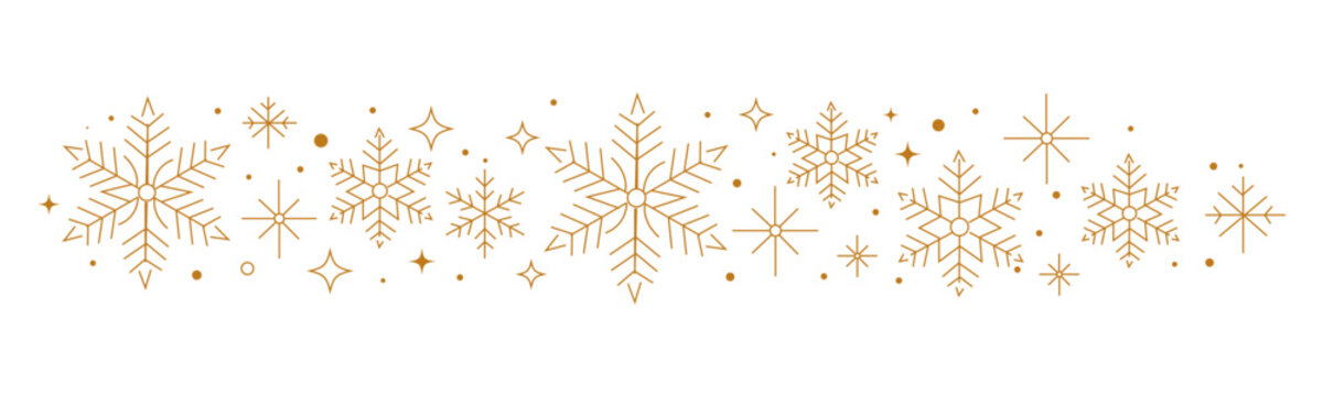 Snowflake border pattern with star elements, elegant line art vector design;