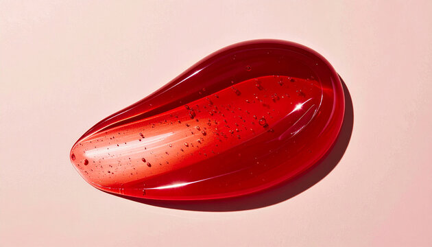 A glossy, translucent red gel or serum swatch with tiny dark specks on a light pink background.