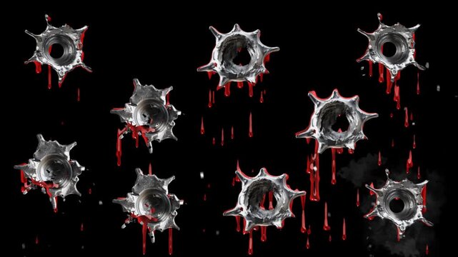 Broken metal cracks getting hit by gunshot bullets with blood on Black Background. Gun Shot. Gun Fire. Shooting. 