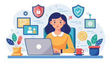 Fototapeta premium Woman working on a laptop in a modern office with security elements and plants during daytime hours
