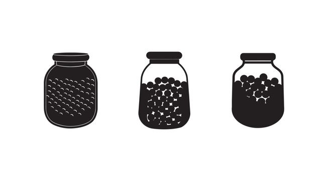 Three black silhouette jars with lids containing various contents  one empty jar with dimples  one jar filled with small round objects and white fragments  one jar filled with small round objects