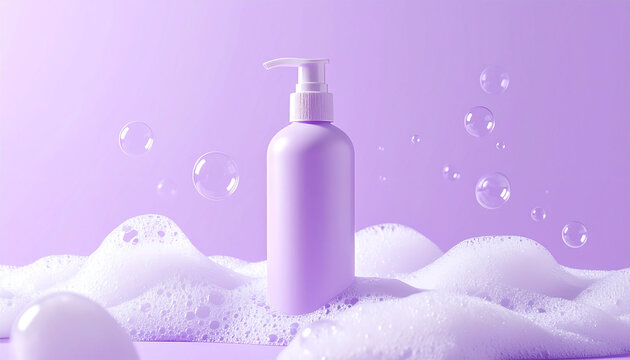 A light purple pump bottle surrounded by white foam and bubbles on a matching purple background, suggesting a gentle cosmetic product.