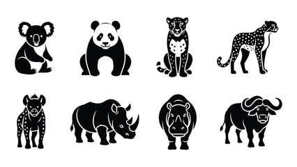 A collection of eight african and australian animal silhouettes including a koala panda rhino and buffalo silhouette high quality professional detailed © SILHUETTECHEMBER