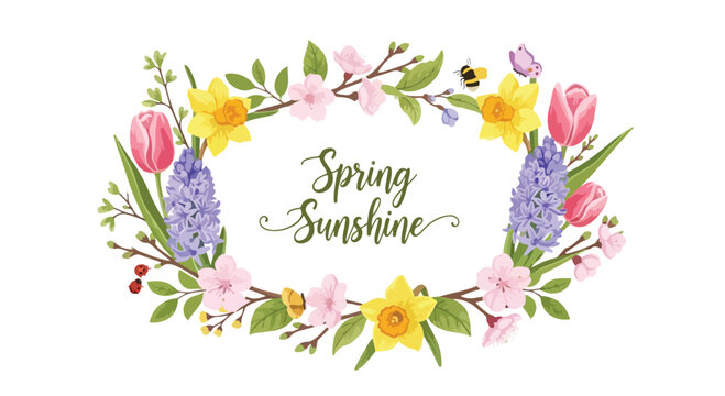 Vibrant floral wreath with 'Spring Sunshine' text on a white background, featuring tulips, daffodils, and other colorful flowers in a circular arrangement.