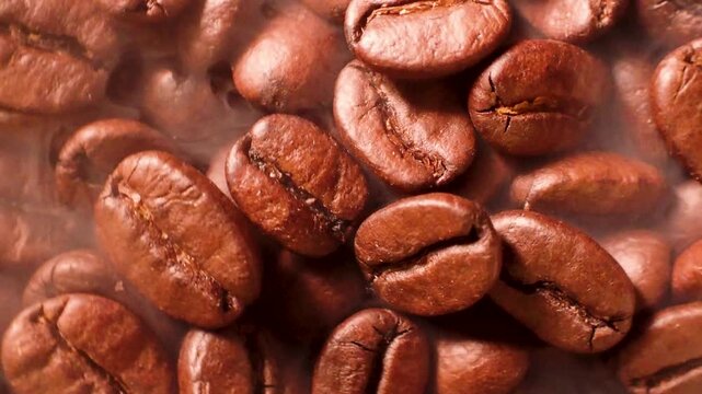 Extreme close up of roasted coffee beans and rising steam