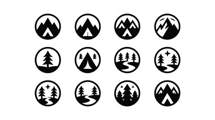 Minimalist black and white icons grid featuring 12 circular designs of camping and nature themes including mountains trees and tents © Jayshri