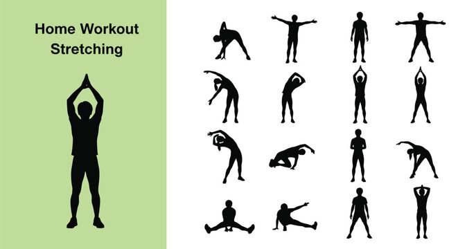 This comprehensive vector graphic illustration showcases diverse human silhouettes demonstrating various stretching exercises suitable for a home workout and promoting overall fitness.