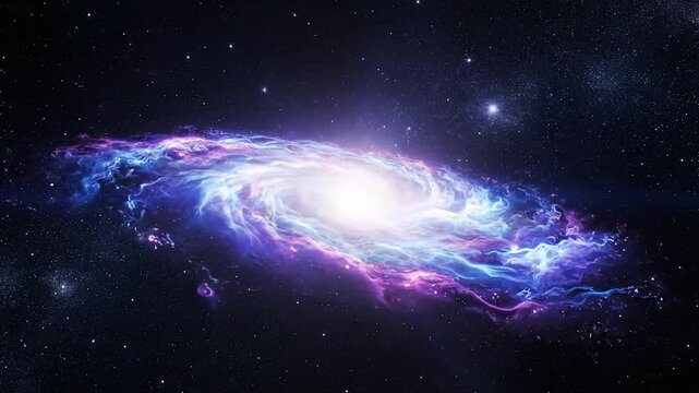 A vibrant, swirling cosmic nebula with a bright central core, set against a backdrop of countless distant stars in the vast expanse of space
