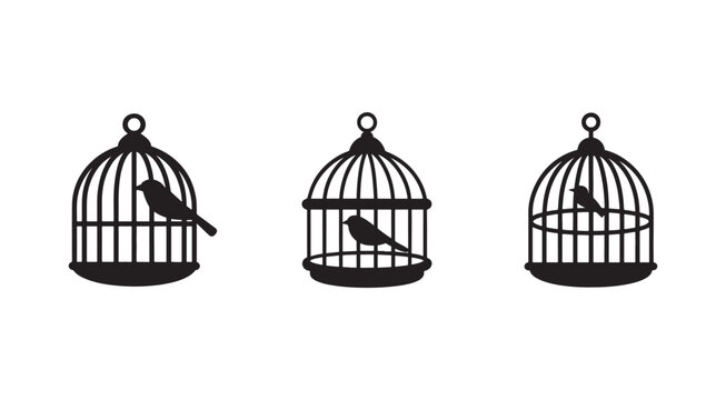 Three black silhouettes of bird cages with birds on white background  cages have different bird positions