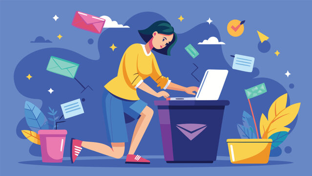 Young woman working on laptop while sorting electronic mail in a colorful office setting