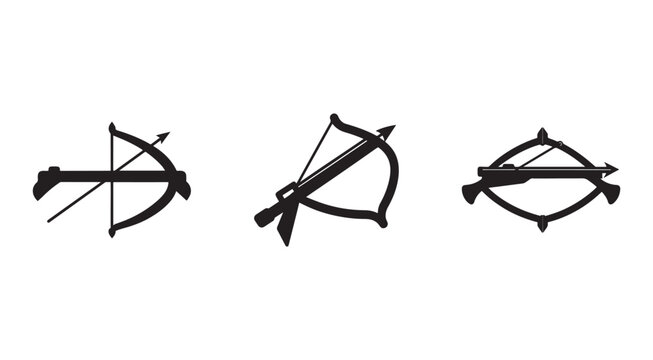 Three black silhouettes of crossbows with arrows in different positions side by side on white background  bow and arrow  crossbow  weapon  hunting  sport