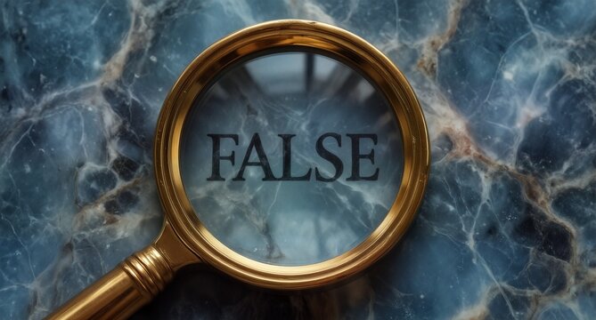 magnifying glass over the word false on marble background, concept of deception.