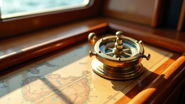 Retro compass placed on the old map