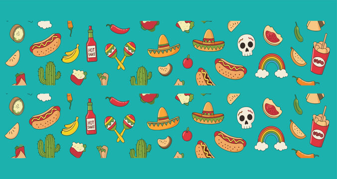 Mexican food seamless pattern with tacos hotdogs sombrero cactus chili and rainbow, colorful cartoon vector illustration background