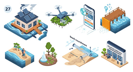 Naklejka premium Isometric environmental concepts illustration showing sustainability, climate change impact, water management, and eco-friendly solutions.