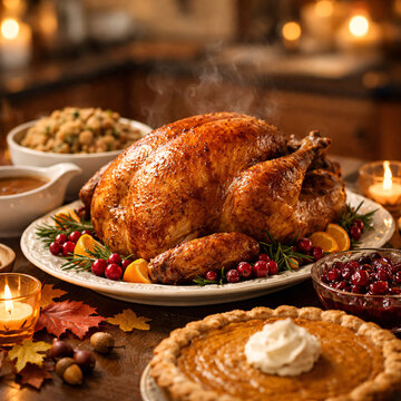 Roasted Thanksgiving turkey served with cranberry sauce and pumpkin pie on a festive holiday table