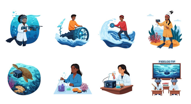 Marine science, oceanography and underwater exploration vector illustrations. Scientists researching marine life, lab studies, and tech education.