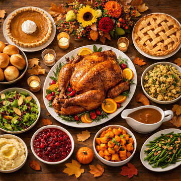 Overhead Thanksgiving feast with roasted turkey, pies, vegetables, cranberry sauce, and holiday side dishes