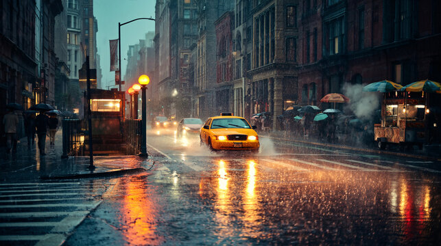 Yellow taxi driving through a rainy city street with umbrellas, reflections, and glowing lights