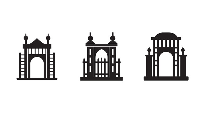 Three black silhouettes of indian style gates and arches with different designs  architectural elements
