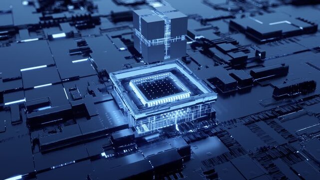 AI chip connected to the motherboard, activate the circuit board. Using cloud computing to process big data to ensure the operation of the city, AI brain neural network, computer room calculation, 3D.