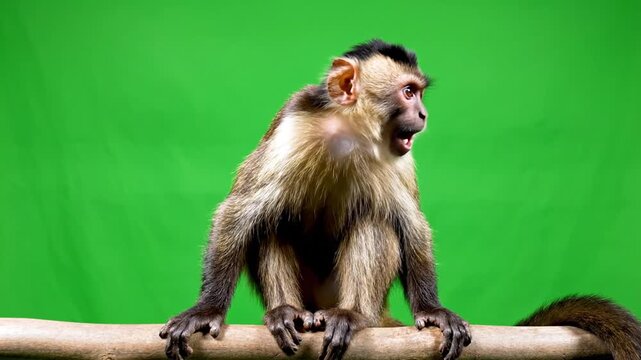 A capuchin monkey sitting on a wooden branch in front of a vibrant green screen, looking to the side with a curious expression.