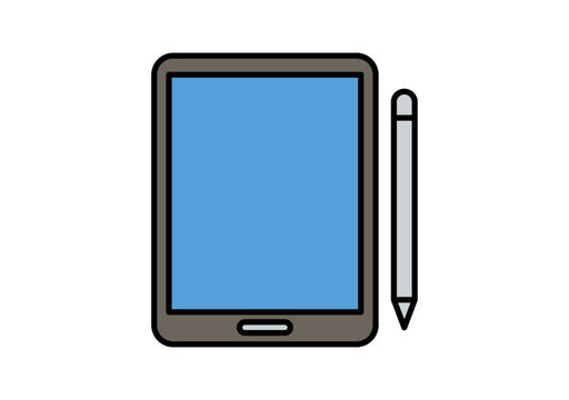 Icono de una tableta digital con pantalla azul y l&aacute;piz &oacute;ptico para dibujo y dise&ntilde;o creativo