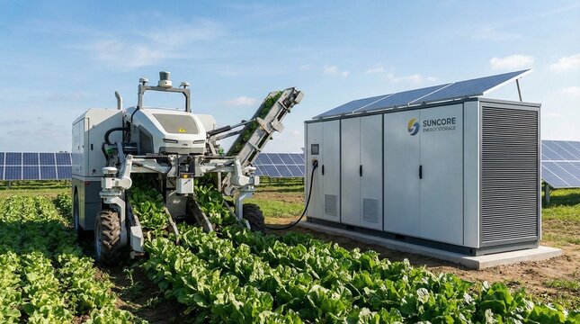 Agricultural robot harvesting crops near a solar power station on a sunny day