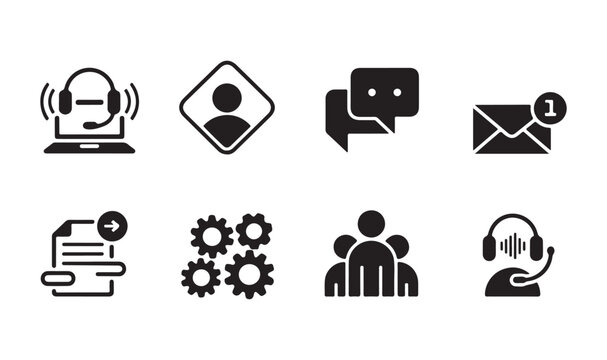 Set of eight black and white vector icons for online support and business processes