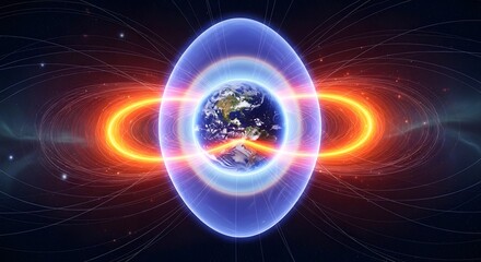 Fototapeta premium 3D render of Earth surrounded by vibrant cosmic energy rings in deep space with glowing particles
