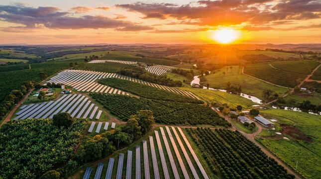 Vast solar panel farm illuminated by the golden glow of a setting sun, a symbol of renewable energy and sustainable agriculture