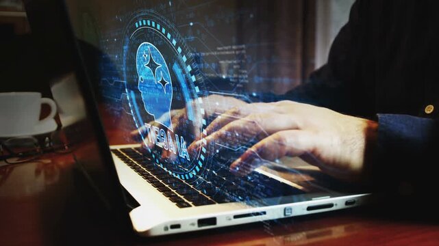 AI agent artificial intelligence symbol and man typing computer keyboard. Hands on laptop. Network, cyber technology and background abstract concept.
