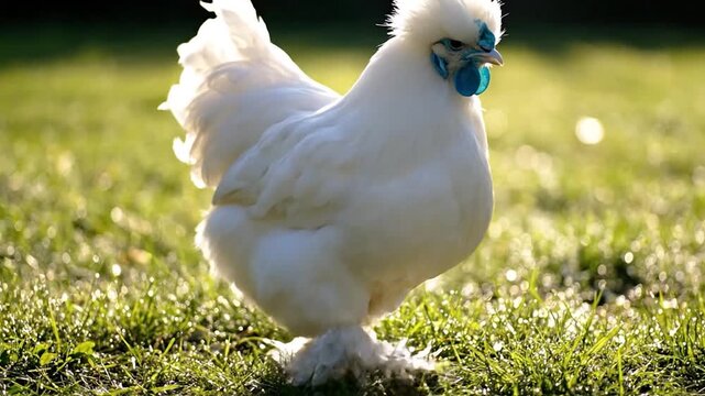 A fluffy white domestic fowl with distinctive blue facial features grazes on dew-covered grass during a sunny morning