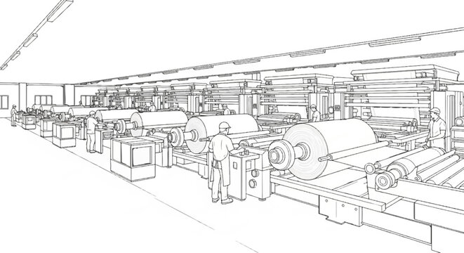 Workers operate large industrial printing or rolling machines in a factory