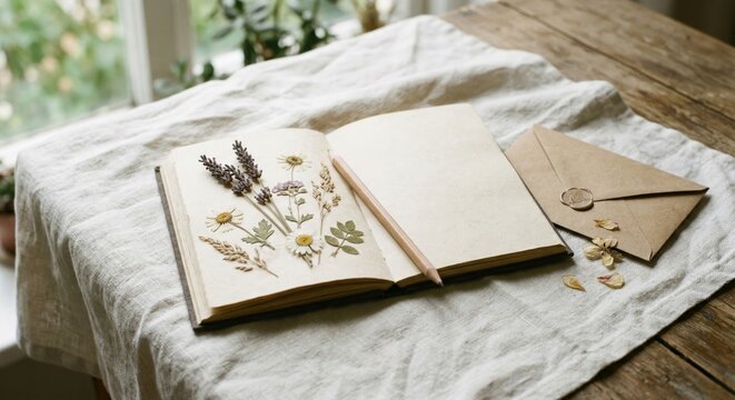 A serene and peaceful still life of an open book with flowers on a wooden table by a window