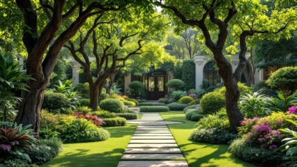 Fototapeta premium A serene urban garden with a stone path winding through lush greenery and blooming flowers under dappled sunlight.