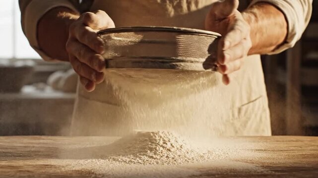 A baker's hands carefully sift flour through a sieve onto a rustic wooden surface, creating a cloud of fine powder for baking