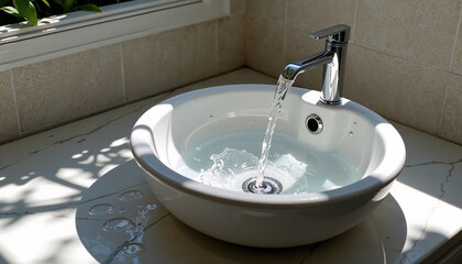 Fototapeta premium Modern sink with flowing water and sunlight on white countertop