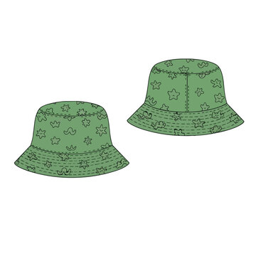 Green Bucket Hat with Star Pattern Flat Fashion Illustration