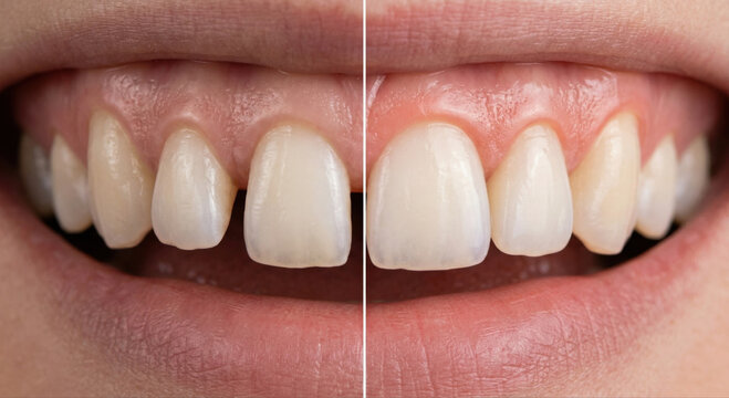 Close up of smile showing before and after teeth alignment treatment.