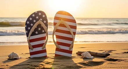 Labor day beach vibes patriotic flip flops and a relaxing seaside scene