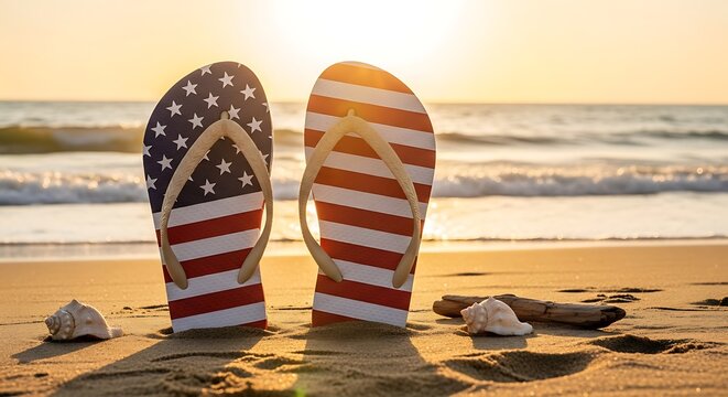 Labor day beach vibes patriotic flip flops and a relaxing seaside scene