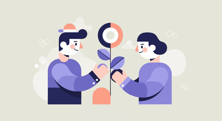 Fototapeta premium Two people tending to a stylized plant with a circular, segmented flower