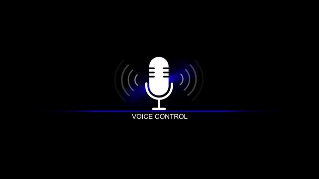 Voice control microphone with sound waves on black background technology concept voice assistant smart home